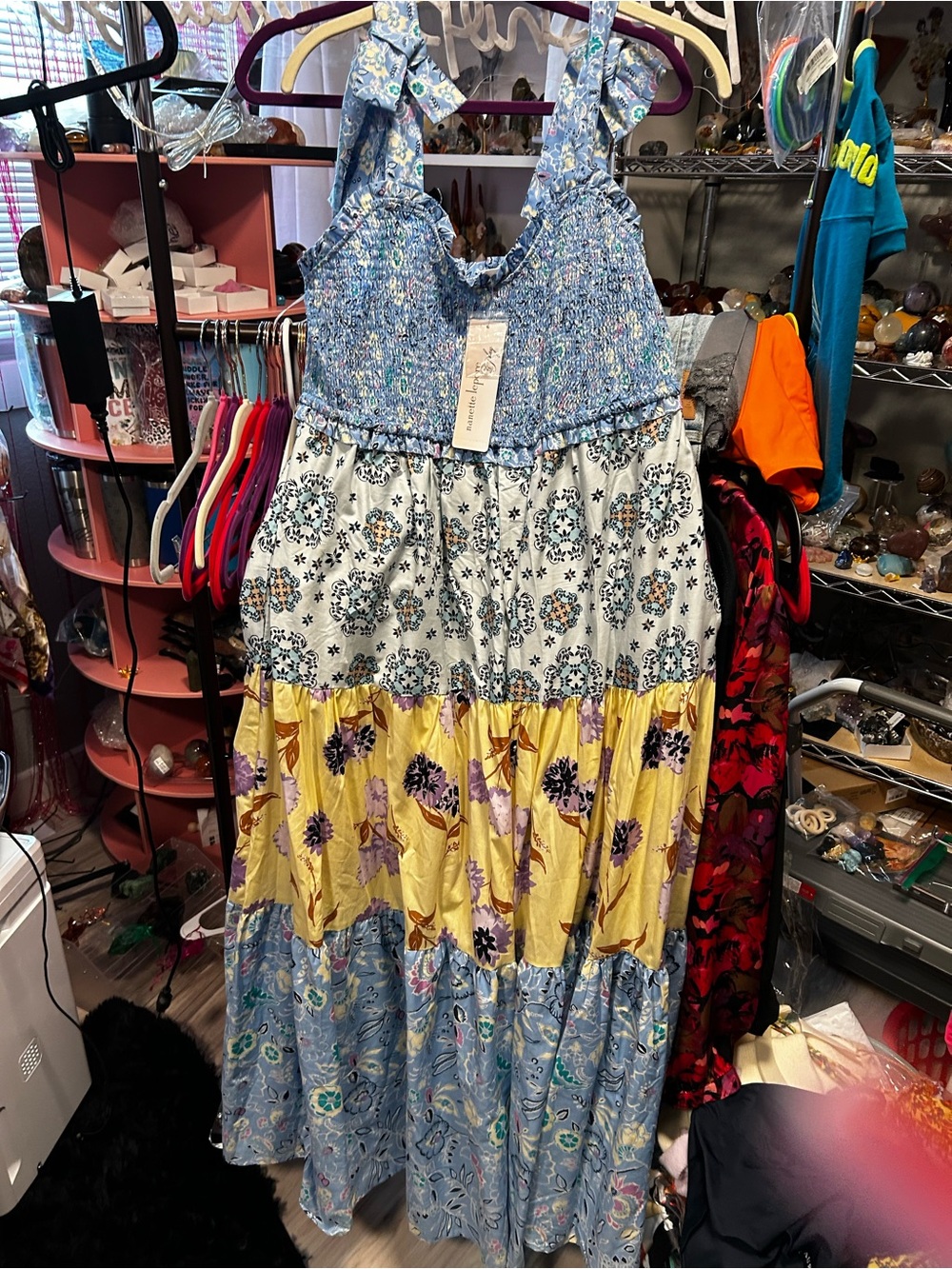 Nanette Lepore Multi-Print Smocked Tiered Dress in Blue, Yellow, Cream